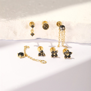 Boucles d'oreilles de piercing pour cartilage en argent sterling S925 1.2x6mm, avec quartz rutile noir, motifs marquise, couronne, feuille, papillon et géométriques - Product Image 5