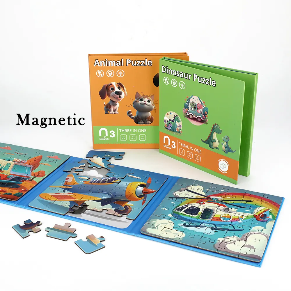 어린이를위한 맞춤형 3 in 1 교육 학습 장난감 차량 공룡 동물 마그네틱 퍼즐 책