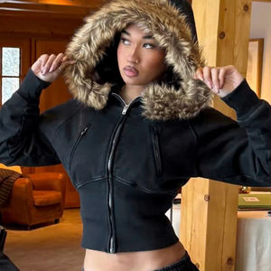 Fourrure Capuche Fermeture À Glissière Poche Lâche À Manches Longues Top Rue Casual Mode Veste D'hiver - Product Image 1