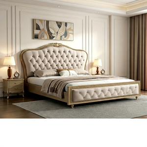 European King Size Tufted Upholstered <b>Bed</b> With Faux Leather And Gold Trim <b>Frame</b> - Product Image 1