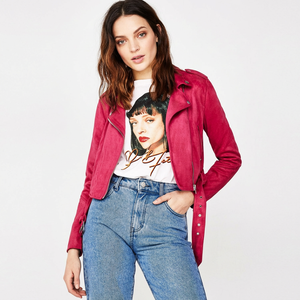 Bold Crimson Red <b>Suede</b> Style <b>Jacket</b> <b>Womens</b> Notched Collar Belted Waist Asymmetric Zipper Front Trend <b>Women</b> Custom <b>Jacket</b> - Product Image 2