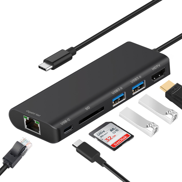 6 in 1 USB Hub 3.0 for Laptop Adapter PD Charge 6 Ports 1000M RJ45 HDMI-4K TF/SD Card Notebook for MacBook Pro Type-C Splitter
