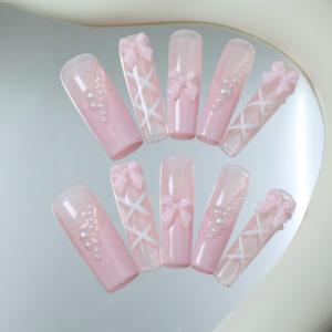 Uñas acrílicas artísticas hechas a mano de alta gama al por mayor, uñas postizas cuadradas de cobertura completa, estilo ballet rosa, diseño pintado a mano, personalizables - Product Image 1