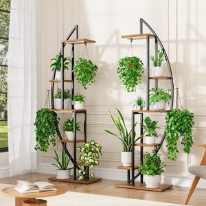 Estante de flores de madera y metal de media luna simple de 5 niveles con luz de cultivo para sala de estar de césped, novedad - Product Image 2