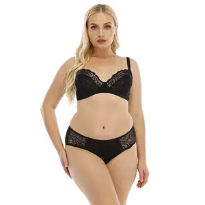 2021 Plus Size D Cup Woman Adjustable Plus Size Bra Set 2 Piece Unlined Lace Bra & Brief Sets For Fat Girls For Big Women