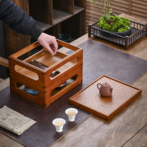 Caja de almacenamiento de doble capa tejida de bambú con tapa, organizador de escritorio para juego de té y tetera de arcilla púrpura, almacenamiento de tazas de té - Product Image 4