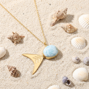 Pendentif poisson en larimar naturel, bijoux personnalisés, laiton massif plaqué or 18 carats, chaîne en câble, cabochon ovale, pierre précieuse, pour femmes - Product Image 4