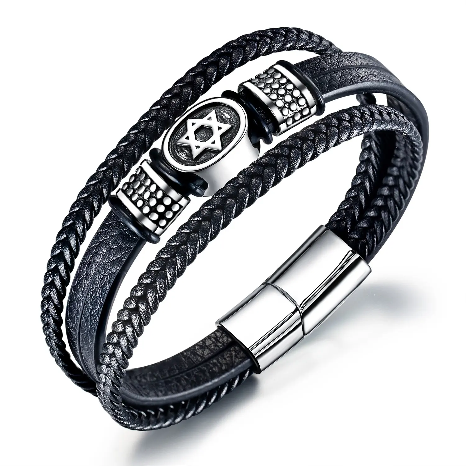 Fashion Jewelry Six Pointed Star Black Luxury Charm Multilayer Men Genuine Leather Bracelet
