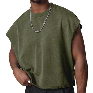 Тяжелая хлопковая французская махровые винтажные Промытые футболки без рукавов с необработанным краем укороченная мужская майка для лета - Product Image 4