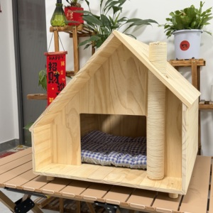 Wooden Indoor House With Scratching Post Cushion Natural Bed and Hideaway Modern Kitten Cave Play Centre - Product Image 3