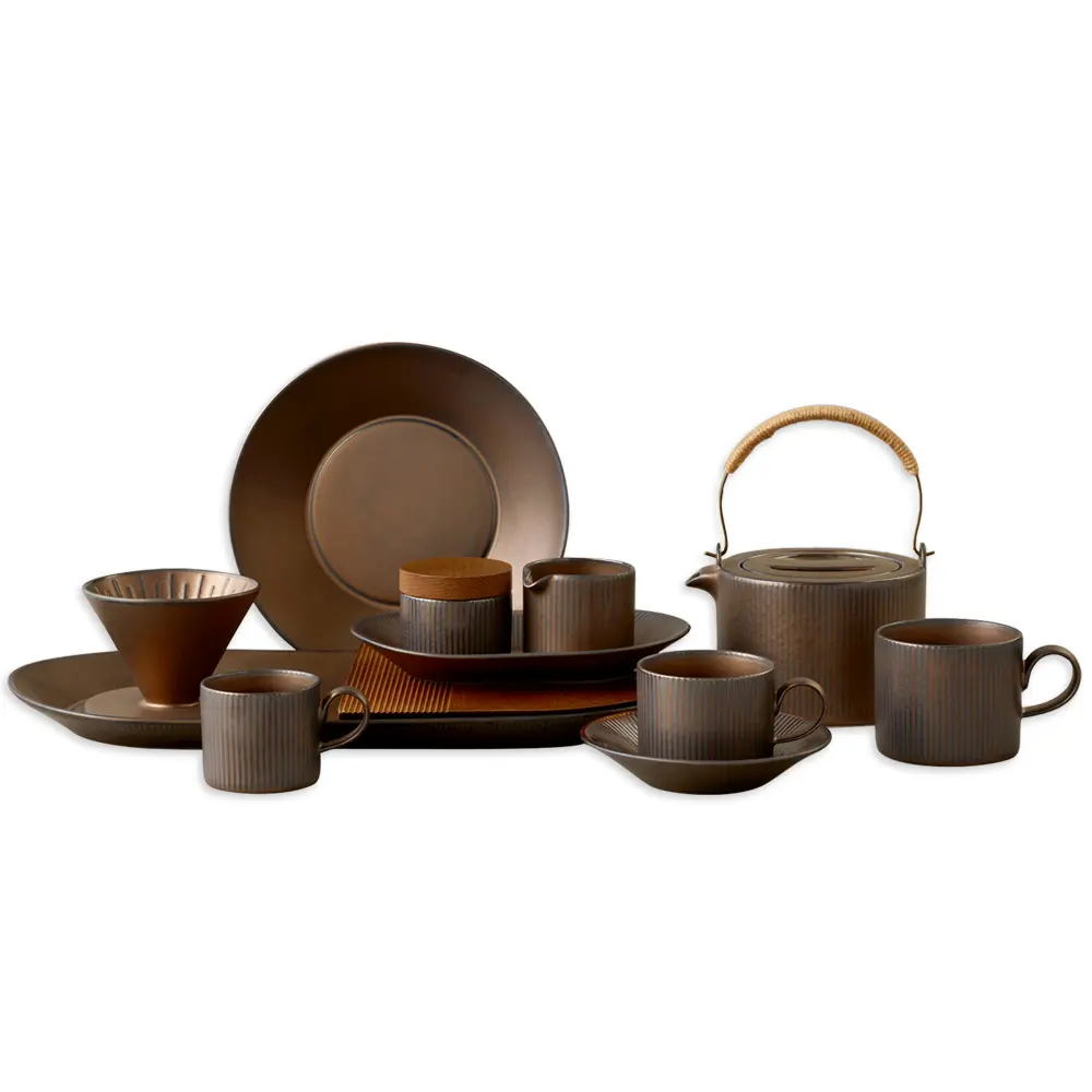 Auratic Europe Retro Design Home And Kitchen Cup Set Brown Porcelain Ceramic Dinnerware Dish Plate