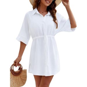 Womens White Shirt <b>Dress</b> Batwing Sleeve Button Down <b>Loose</b> Waist Swimwear Cover Up 1 Piece Cotton Beach <b>Dress</b> - Product Image 1