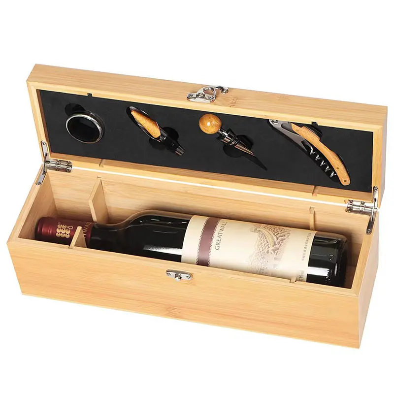 4つのワインアクセサリーが付いている竹の木製のワインボックスセットツールが付いている竹のワインケースセット収納ギフトボックスエレガントに1つのドリップリング1コア