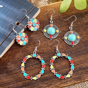 Pendientes Colgantes Boho de Moda para Mujer, con Turquesa y Aleación, Diseño Floral, Joyería de Fiesta, Engaste de Bisel de Plata Tibetana - Product Image 4