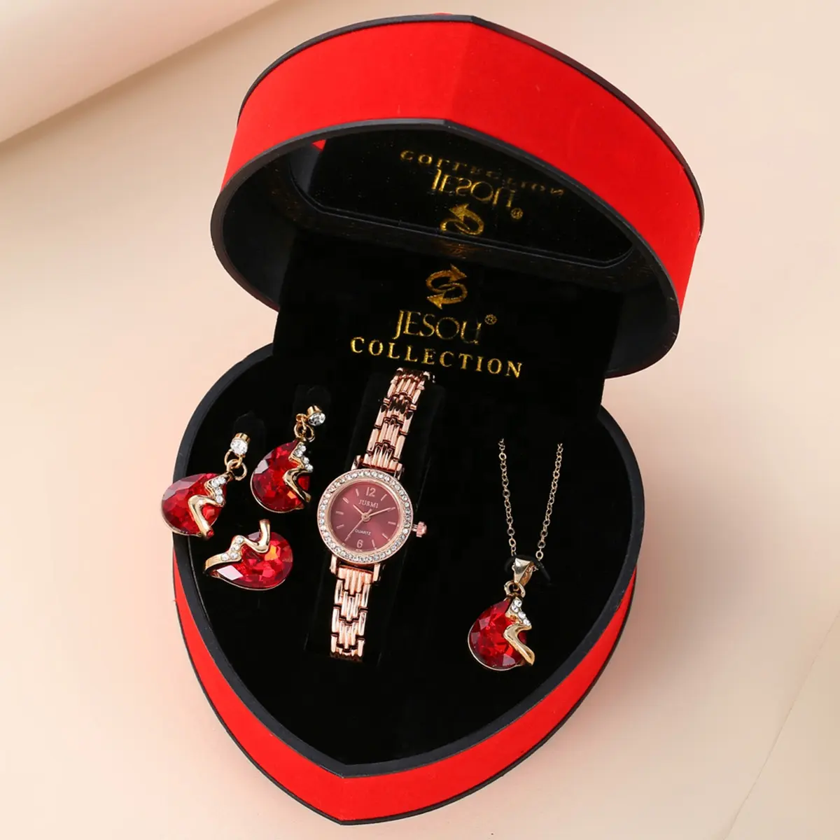Fashion Elegant 4 PCS Watch Gift Set Quartz Rose Gold Lady Watch Set Red Diamond Watch Set for women