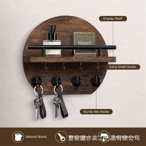 Wooden Round Wall <b>Hooks</b> Key Rack Storage Organizer With <b>Shelf</b> For Entryway Living Room Retro Color Wall Mounted Type - Product Image 4