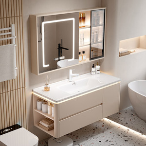 Rounded cream style ceramic integrated basin intelligent lighting mirror storage cabinet bathroom cabinet - Product Image 2