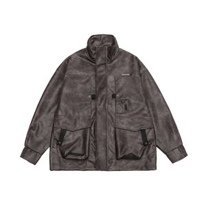 Giacca Casual da Uomo in Pelle PU Impermeabile Antivento con Colletto Alto e Zip Intera, Stile Vintage Lavato, Taglie Grandi e Oversize - Product Image 4