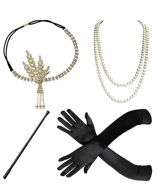 Fascia per capelli Flapper 1920s per Gatsby Party Costume parte accessori per capelli Set portasigarette collana di perle Stock e guanto
