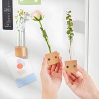 Vas dinding dekorasi seni kayu padat Mini tempat pot tanaman terpasang di dinding vas bunga termasuk kaca Magnet kulkas
