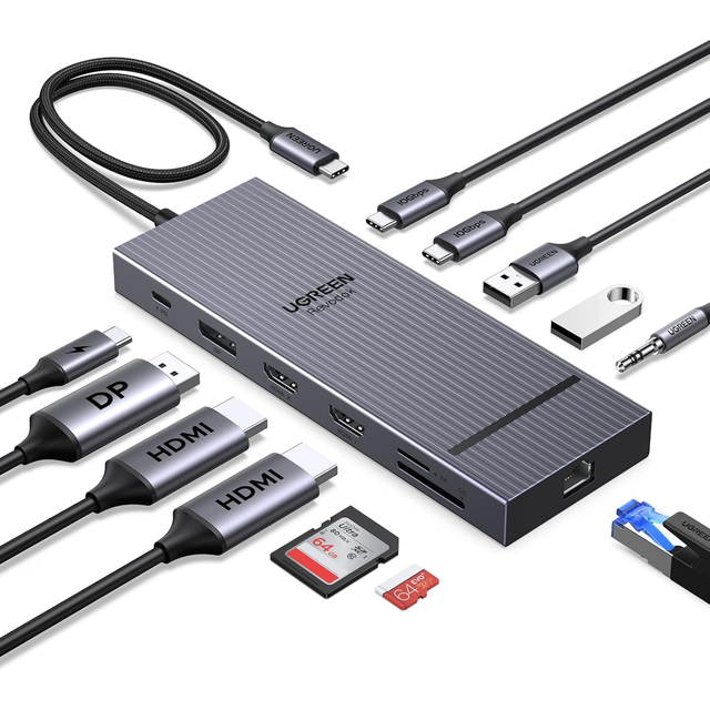 UGREEN 12 in 1 Triple 4K Docking Station with 2 HDMI, DP, 2x10G USB C, 2xUSB-A2.0, 100W PD, SD/TF, 1000Mbps Ethernet
