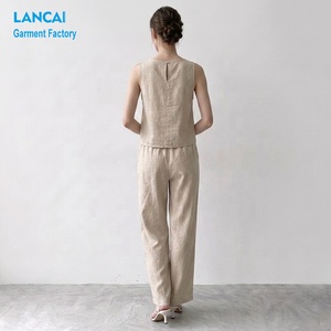 Set in lino estivo da <span class=keywords><strong>donna</strong></span> a due pezzi Lancai personalizzato con Top senza maniche e pantaloni Casual a vita alta completo elegante - Product Image 3
