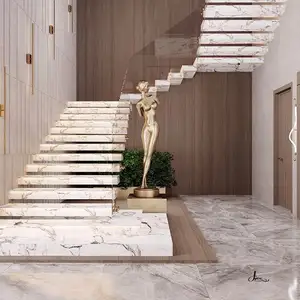 CBMmart 2024 новый дизайн, плавающая Прямая лестница, Центральная лестница с деревянным протектором и бескаркасными стеклянными перилами