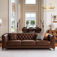 Canapé trois places en cuir véritable ciré à l'huile de style américain, cuir de vachette de première qualité, salon, petit appartement, droit, marron, bouton, 2024