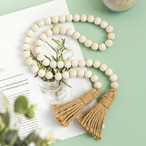 Guirlande de perles en bois style ferme avec pompons, chapelet polyvalent, décoration murale bohème <span class=keywords><strong>chic</strong></span> pour la maison (naturel) - Product Image 2