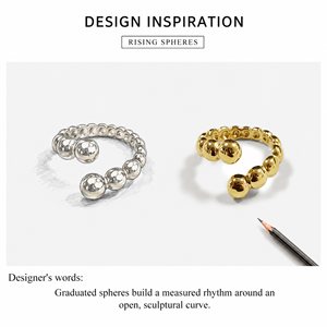 Anillo Abierto con Cuentas Graduadas de Acero Inoxidable, Chapado al Vacío en Oro de 14K, Joyería Escultural Ajustable - Product Image 3