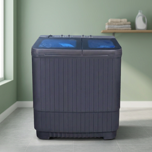 Lavadora semiautomática moderna de doble tina, color azul oscuro, con tapa superior azul y cuerpo acanalado, para lavar ropa del hogar. - Product Image 4