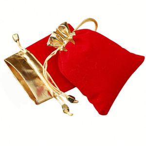 Pochette en velours rouge à bordure dorée avec cordon de serrage, sac cadeau pour bijoux - Product Image 2