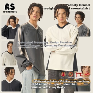 Phong cách Đại Học dài tay áo T-shirt 5A kháng khuẩn UPF50 + Chống Nắng 280g khâu tương phản v-cổ Mỹ trống dài - Product Image 2