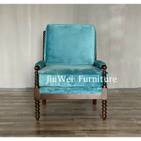 American Traditional Navy Blue Velvet Wingback Chair Spindle High Back Accoudoir Solid Wood Leisure Chair for Home Office Living