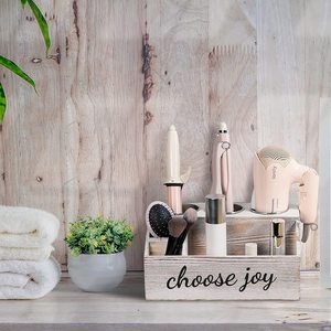 Caja de almacenamiento de madera para baño con compartimentos para secador de pelo y cosméticos, organizador de escritorio, rectangular, blanco - Product Image 2
