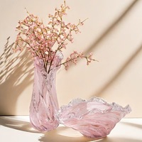 Vase en verre ondulé rose à volants, ensemble de plateaux à fruits, décorations d'intérieur, vase à fleurs pour table, plateau pour plantes hydroponiques