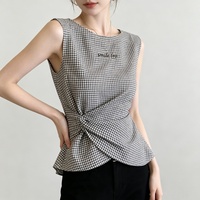 Top Ajustado y Elegante de Estilo Francés para Mujer, Camisa sin Mangas a Cuadros Grises, Nuevo Diseño de Verano 2026