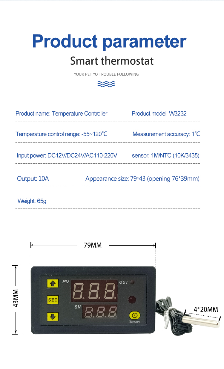 DC 12v digital temperature controller with remote control red and blue LED display temperature measurement -55-120 degrees W3230(图3)