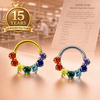 Grosir Cincin Hidung Titanium G23 Berlapis Emas 24K Perhiasan Tindik Model Hoop Klasik Hipoalergenik 7 Zirkonia Kubik Multi-Warna