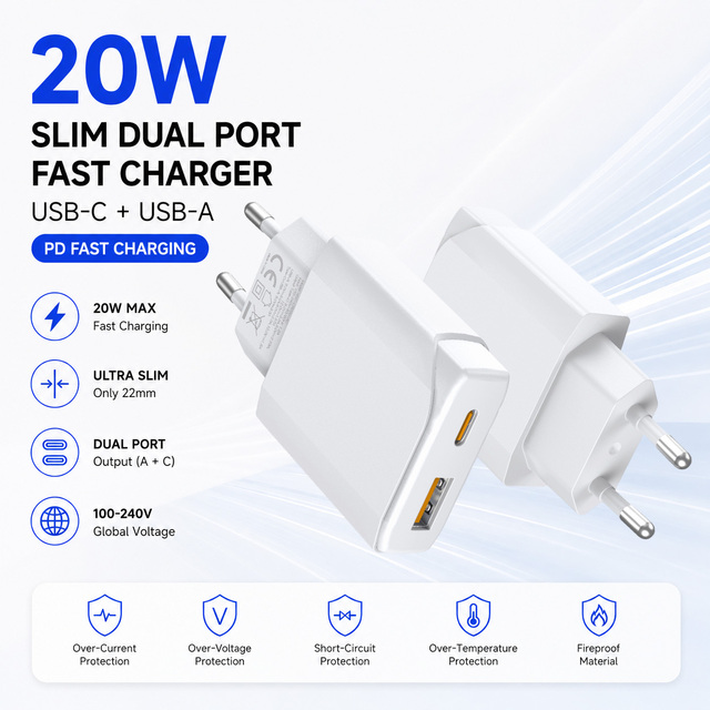 GaN Charger PD 20W Dual Port Fast Charging Slim EU Plug PPS QC3.0 SCP Type C Wall Chargers for Samsung iphone 15 14