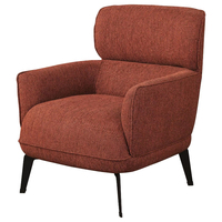 Fauteuil de salon moderne de style transitionnel, orange, rembourré, en tissu de luxe, avec accoudoirs arrondis et pieds en métal