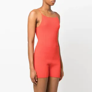 GUOOU Sommer Strickwaren gerippt gestrickt Cami Top Detail Shorts Korallenrot Stretch-Design elastischen Bund zweiteiligen Set für Frauen