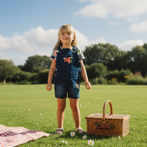 Salopette Corta in Denim <span class=keywords><strong>Blu</strong></span> Scuro Lavato per Bambine con Ricamo Floreale, Bordo Arricciato e Bretelle Regolabili - Product Image 1