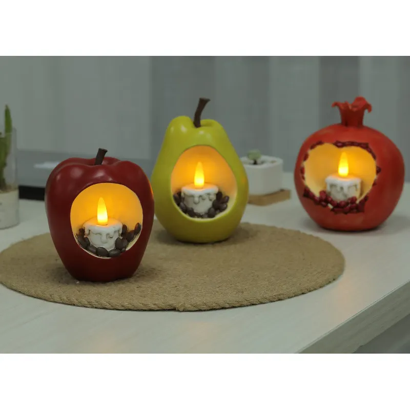 2023 New resin handicraft decoration LED luminous desktop home decoration fruit LED candle pear apple pomegranate figurines