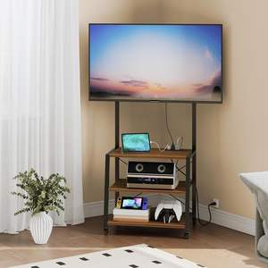 Meuble <span class=keywords><strong>TV</strong></span> moderne en bois sur <span class=keywords><strong>roulettes</strong></span> avec support et prise de courant pour téléviseurs jusqu'à 55 pouces, avec étagères de rangement à 3 niveaux - Product Image 4