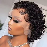 Pelucas de cabello humano rizado corto 13x4 HD frente de encaje sin pegamento 250% densidad brasileño onda de agua Pixie corte prearrancado negro Natural
