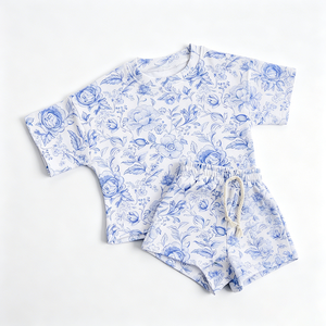 Conjunto de Ropa de Verano para Bebés Niñas, Diseño Casual con Flores Azules, 2 Piezas, Estilo Boutique, Precio de Fábrica - Product Image 2