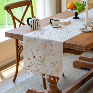 <b>Table</b> <b>Runner</b> Floral Embroidery Tassel Edge 33 In Polyester For <b>Dining</b> Coffee <b>Table</b> Decor - Product Image 1