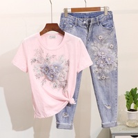 Denim Set Femmes D'été Nouveau Perlé Brodé Fleur À Manches Courtes T-shirt + En Détresse Cropped Jeans