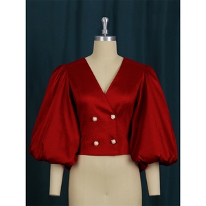 Chemisiers et chemises tendance pour femmes ZHEZHE, chemisier à manches bouffantes de couleur unie pour le printemps, chemisier à col en V avec boutons pour le bureau - Product Image 5